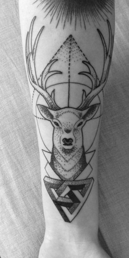 Geometric Dotwork And Deer Head Black And White Tattoo
